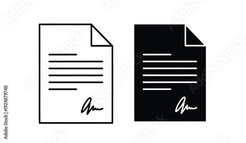 Two document icons with lines and signature in black and white
