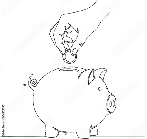 Line art drawing of a hand putting a coin into a piggy bank, representing savings and financial investment