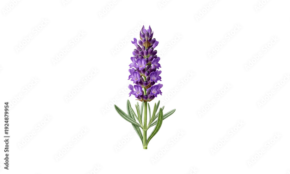 Fototapeta premium Tall purple lavender flower with green leaves isolated on transparent background for design