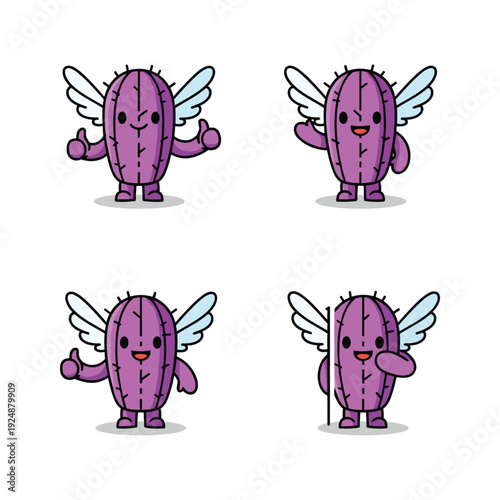 Cute cartoon cactus characters with wings in different poses on white background