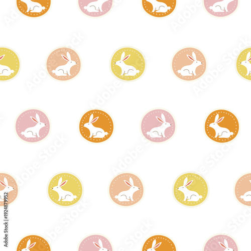 Cute white rabbit seamless pattern. Little bunnies in colorful medallions. Sweet nursery background for baby textile, wallpaper, and Easter gift wrap. Bright flat vector illustration for kids