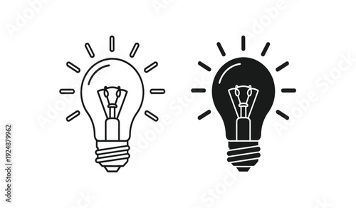 Black and white light bulbs with rays on and off