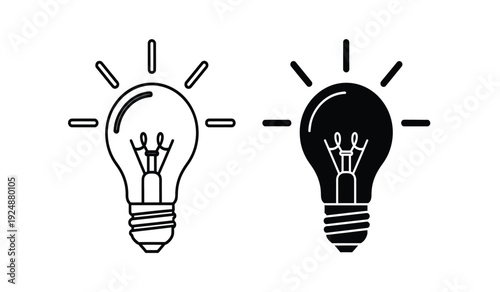 Black and white light bulb icons with rays on pure for business concept