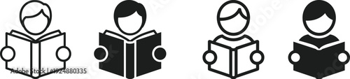 Reading Book Icon Set with Student and Reader Symbols in Line and Solid Styles, Education Learning Concept Illustration for School, Library, Study and Knowledge Development