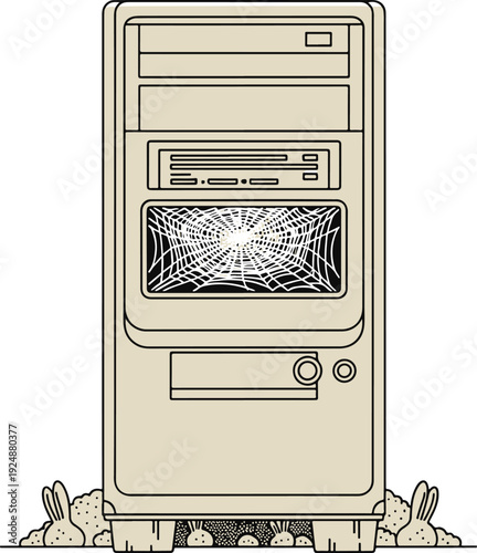 An Old Crashed Computer Tower with Spider Web