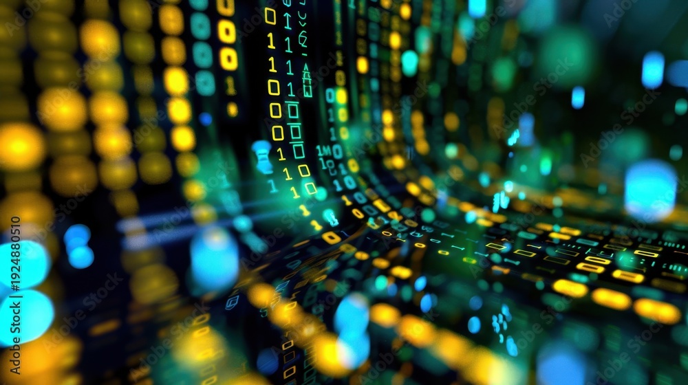 Obraz premium Colorful Abstract Digital Background with Fluid Binary Code Flowing Through a Futuristic Tunnel of Light