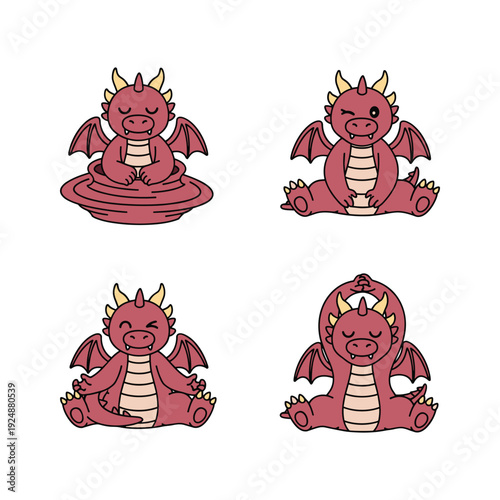 Cute cartoon dragons meditating in lotus position with peaceful expression
