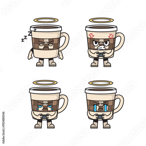 Cartoon coffee cups with different emotions and halos on white background