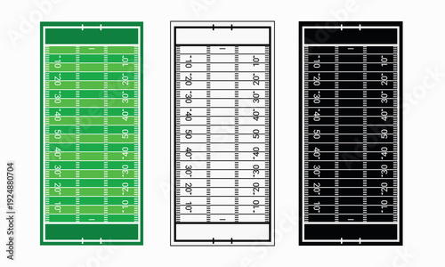 American football field top view vector set in three color variations - green, black and white, inverted. Editable gridiron layout with yard lines, hash marks, and end zones for coaching playbooks