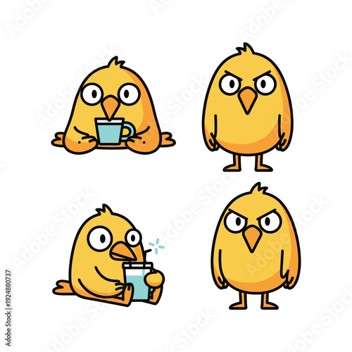 Cartoon yellow birds with different emotions holding coffee cups on white background