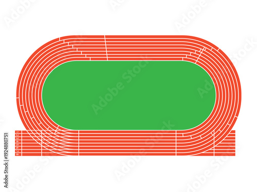 Top view vector illustration of an athletics stadium with an oval running track and green infield. Clean flat sports arena layout isolated on white for event posters, diagrams, maps, and infographic 