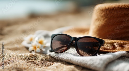 Stylish brown sunglasses resting on a cozy beach towel with seashells