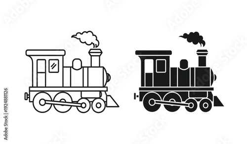 Two black and white steam locomotives side by side on a plain background