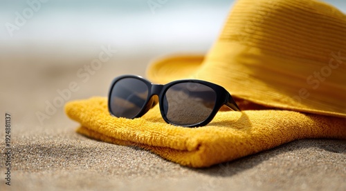 Stylish black sunglasses resting on vibrant yellow beach towel beside sunhat