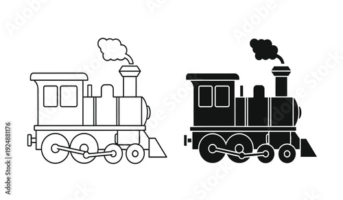 Black and white steam locomotives with smoke coming out of the chimney