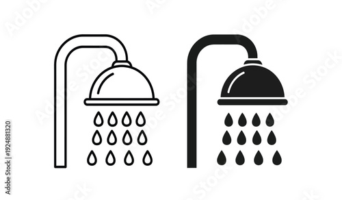Black and white shower heads with water droplets illustration