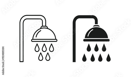 Black and white shower head icons with water droplets, simple bathroom symbols