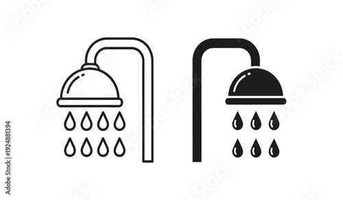 Black and white shower head icons with water droplets on pure