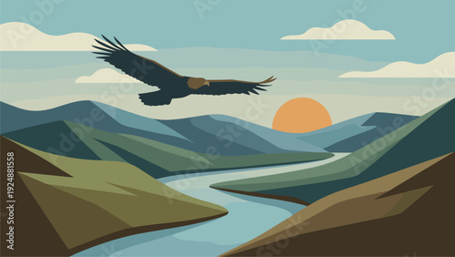 Majestic Eagle Soaring Over Serene Mountain River Valley Landscape