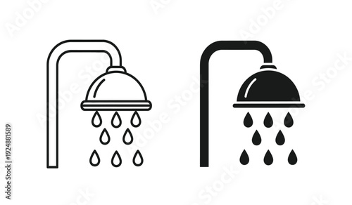 Black and white shower head icons with water droplets, simple bathroom symbols