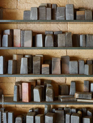 Uncarved stone seals displayed on shelves in traditional workshop