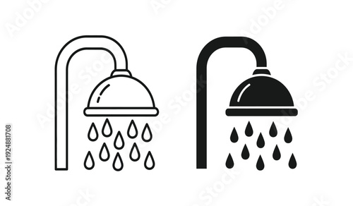 Black and white shower head icons with water droplets