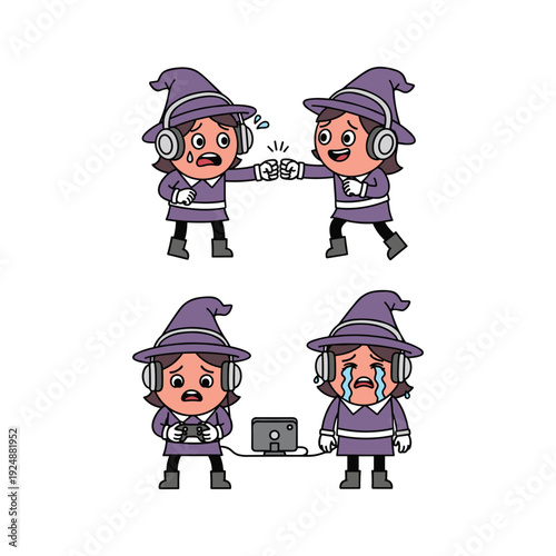 Wizards experiencing technical issues with headphones and computer equipment in a cartoonish style