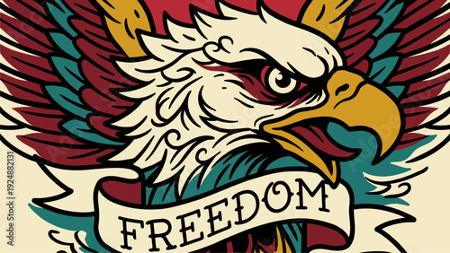 American Eagle Tattoo Design, Freedom Emblem, Vintage Style Vector Art