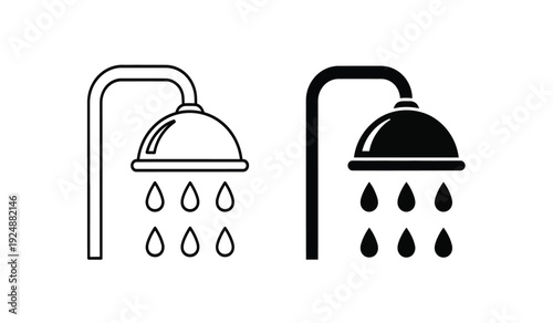 Black and white shower head icons with water droplets on a pure