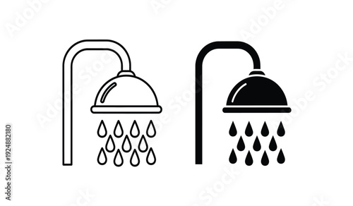 Black and white shower head icons with water droplets