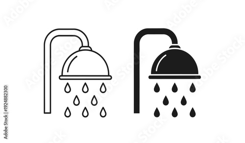 Black and white shower head icons with water droplets on pure