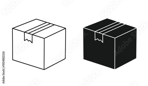 Two boxes with sealed packaging tape on top in black and white line art