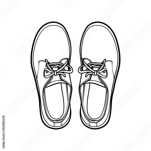 Vector outline illustration of a pair of casual lace-up sneakers from a top-down view. Black and white footwear line art. Perfect for fashion mockups, flat lay designs, and coloring books.