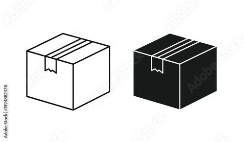 Two simple black and white cube boxes with sealed packaging tape on top