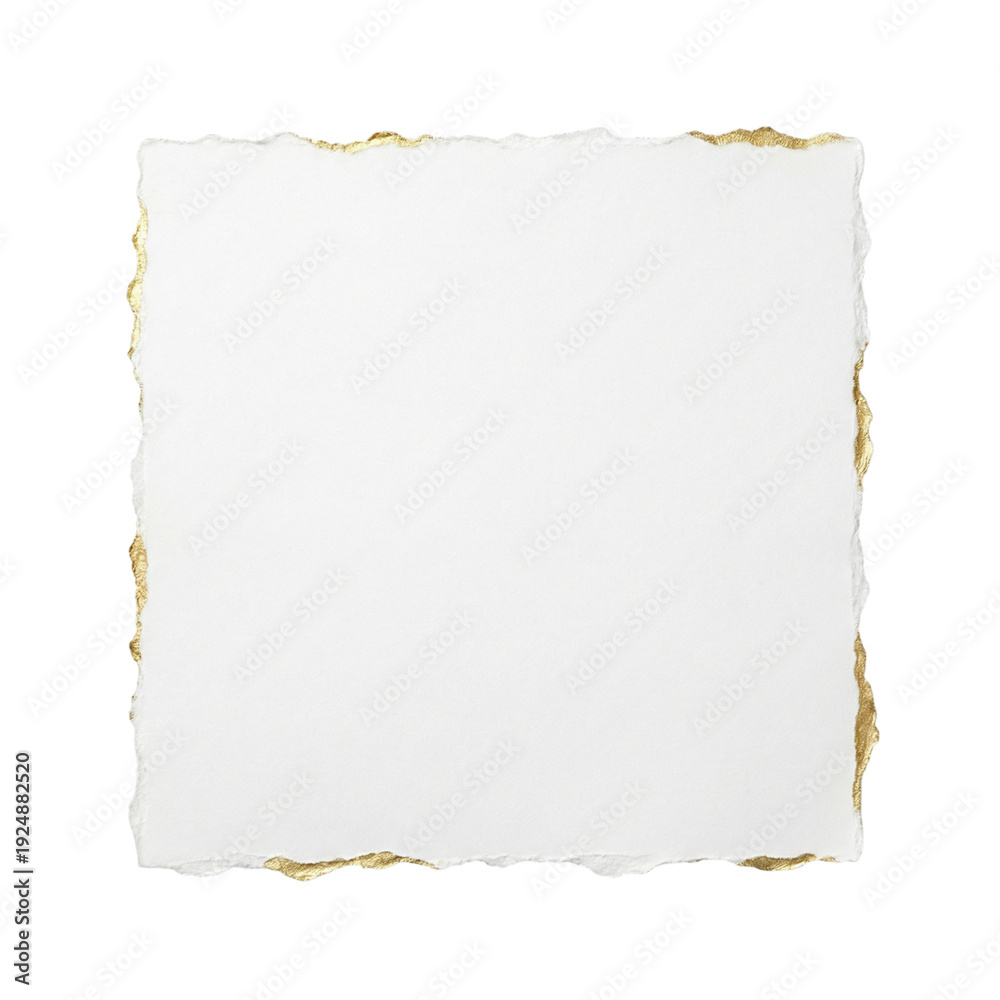 Obraz premium Luxury White Square Paper with Gold Foil Deckle Edges, Elegant Ripped Paper Sheet for Wedding Invitation, isolated on white and transparent background, PNG