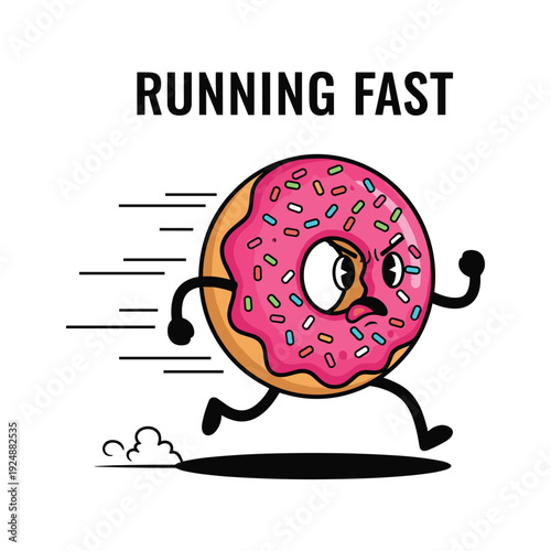Cartoon donut character running fast with determined expression on white background