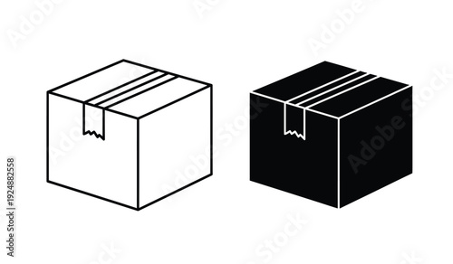 Two boxes with sealed packaging tape on top in black and white line art