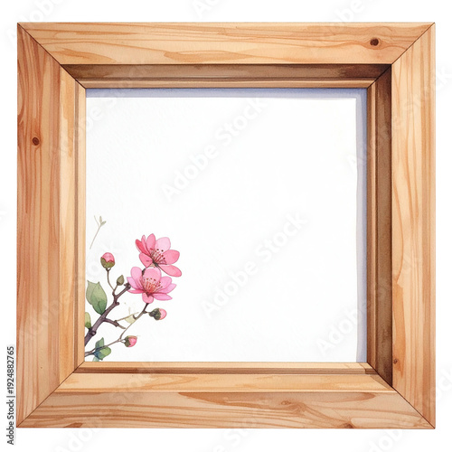 Wooden frame, square, empty inside, with pink flowers on a small branch in corner