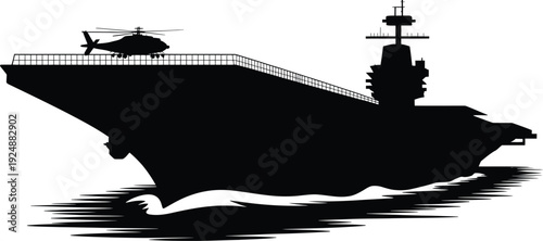 Aircraft carrier with a helicopter on its deck in a black silhouette against transparent background