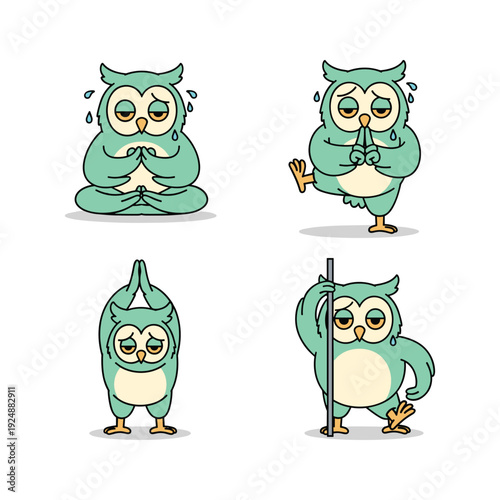 Cartoon owl meditating and practicing yoga poses with serene expressions