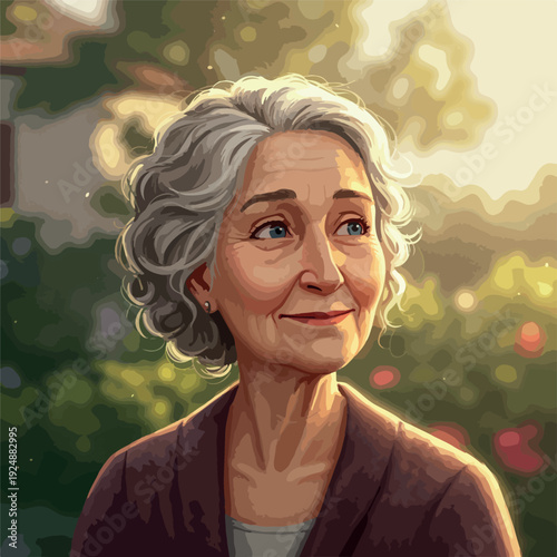 Smiling Elderly Woman with Gray Hair in Soft Sunlight Outdoors