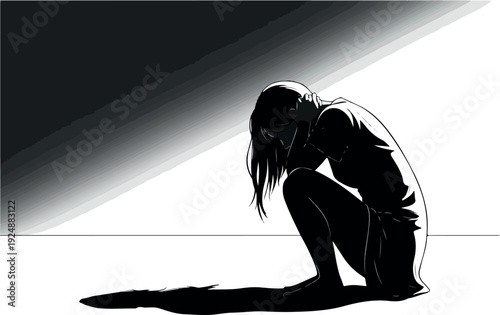 Solitary Woman Crouching in Shadowy Monochrome Light