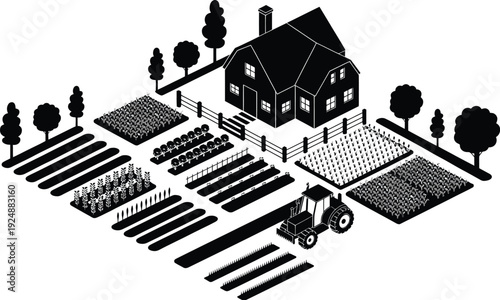 Detailed isometric farm with house tractor garden fields and trees on transparent background