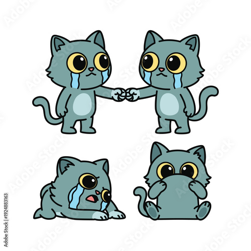 Crying cartoon cats showing emotions and friendship on white background