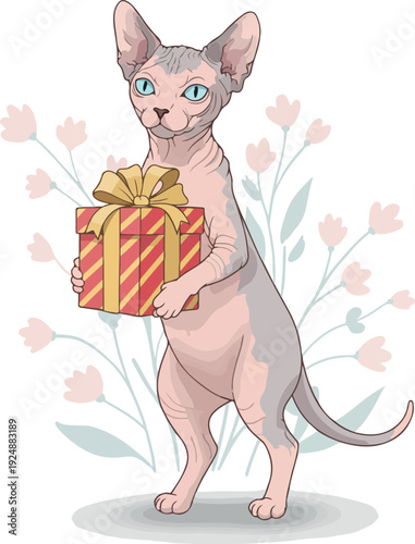 Sphynx Cat Holding Gift Box Soft Pink Flowers White Background Pixel Art