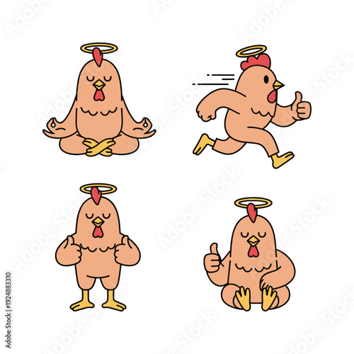 Cartoon chicken character illustrations with different emotions and actions