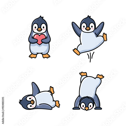 Canvastavla Penguin cartoon characters in different poses on white background