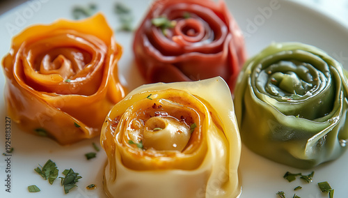 Handcrafted Rose Shaped Dumplings with Gourmet Toppings and Sauce for Fine Dining Asian Fusion Culinary Presentation