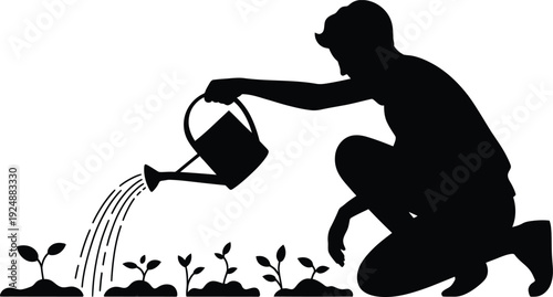 Gardener watering young plants seedling sprout growth agriculture outdoor activity vector