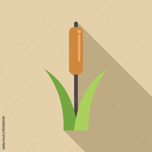 Cattail plant growing, showcasing a stylized flat design icon with a prominent long shadow
